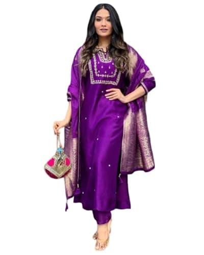 The Red Lion Enterprise Women's Partywear Anarkali Salwar Suit alia cut Embridery Kurti dress 3pc Set (US, Alpha, Small, Regular, Regular, Violet)