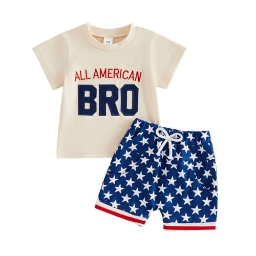 Bonangber 4th of July Baby Boy Outfit Short Sleeve Letters T Shirt Tops and Star Shorts Fourth of July Baby Boy Outfit (J-Apricot Blue,12-18 Months)