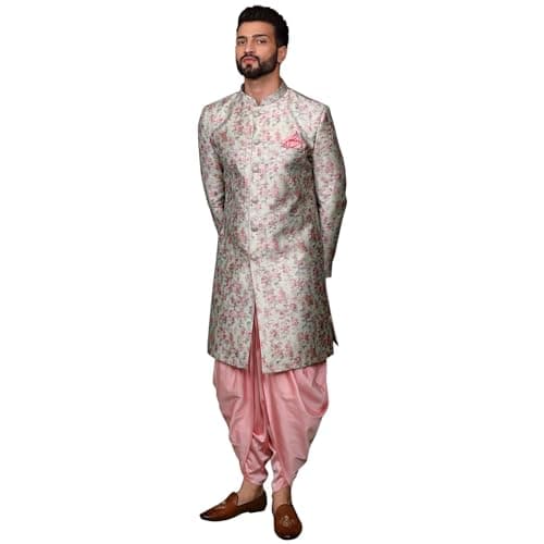 KISAH Men's Multi-Color Jacquard Floral Indowestern Sherwani Dhoti Set – Regular Fit, Mandarin Collar| Ethnic Indian Wedding & Festive Wear