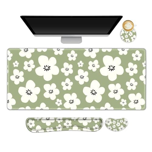 NXZGO Large Gaming Mouse Pad Set, 4 in1 Ergonomics Keyboard Desk Mat w/Memory Foam Wrist Rest, Computer Extended Game Mousepad, Non-Slip Desk Matt Pad Easy Typing Pain Relief I Green Lucky Florals