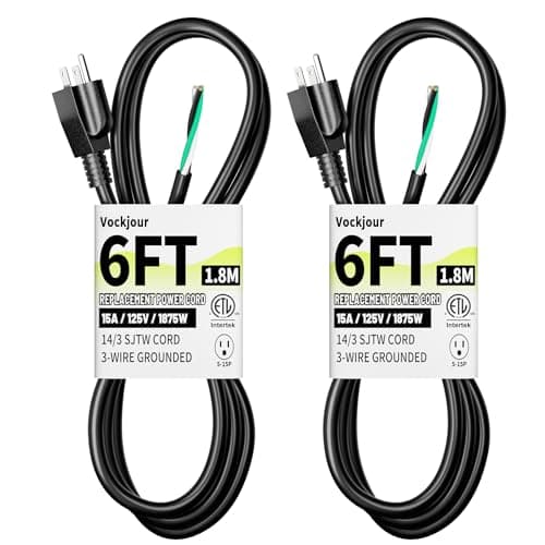 Vockjour 2 Pack 6 ft 14/3 Appliance and Power Tool Cord, 14 AWG 3 Prong Black Heavy Duty Replacement Power Cord with Open End, NEMA 5-15P, 125V AC Pigtail, 15A 1875W, ETL Listed