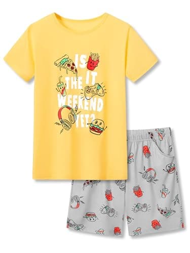 Beezizac Boys Pajamas Yellow Game & Snacks 2-Piece Fun Short Sleeve PJ Set Kid Cozy Sleepwear Children Size 12 Husky