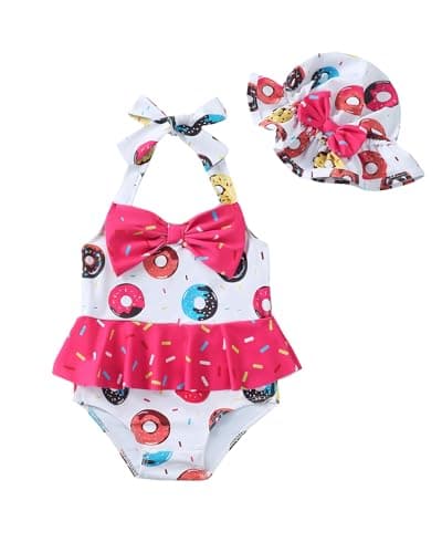 Infant Girl Swimsuit Baby Bathing Suit Set One Piece Swimwear Bow Tie Donut Bikini 3-6 Months Baby Girl Swimsuit with Hat