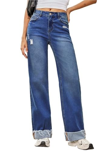 Sidefeel Women's High Waisted Wide Leg Jeans w/ Distressed Folded Hem (Various) $13.99 + Free Shipping w/ Prime or on $35+