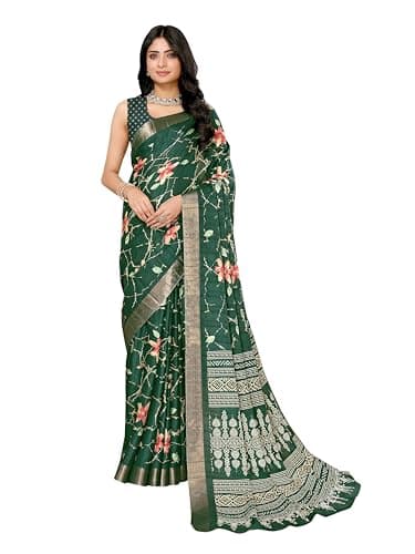 DREAM STYLE Women's Floral Printed Silk Blend Saree With Unstitched Blouse Piece (Floral Green)