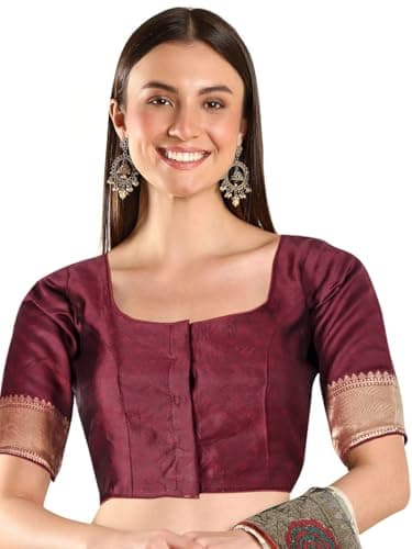 Chandrakala Casual Blouses for Women Sarees,Readymade,Maroon Gold Border, Small (B226MAR2)