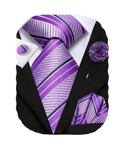 Hi-Tie Lavender Purple Mens Tie Set Silk Striped Ties with Pocket Square Cufflinks Flower Pin Dress Necktie for Wedding