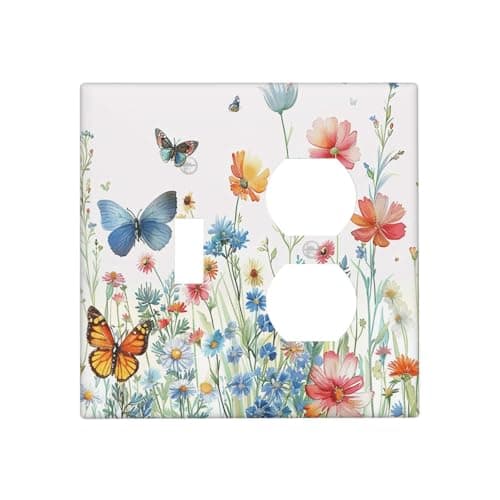 Yijikjy Decorative Outlet Covers Rustic Wildflower Blue Pink Floral Butterfly 2 Gang Light Switch Cover Plate Single Toggle Duplex Wall Plates for Electrical Outlets Switch Plate Covers for Home Decor