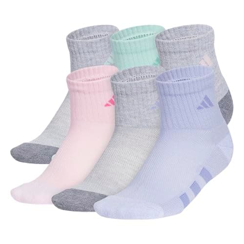 adidas Kids Cushioned Quarter Ankle Socks for Boys and Girls (6 Pairs) Durable & Comfortable, Cool Light Heather/Grey/Semi Flash Aqua Blue/Girls, M