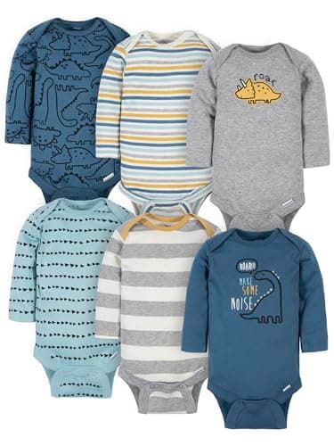 Gerber Baby Boys' 6-Pack Long-Sleeve Onesies Bodysuit, Dinosaur Blue, 0-3 Months