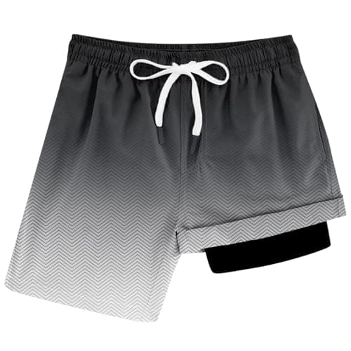 Cozople Boys Swim Trunks Geometric Texture Swim Short with Boxer Brief Liner Swimsuit Color Gradient Compression Swimwear UPF Bathing Suit for Outdoor Size 10-12