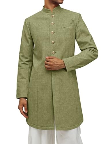 Runcati Mens Kurta Coats Indian Mandarin Collar Attire Ethnic Outfits Wedding Festive Party Clothing Casual Kaftan Robe Army Green
