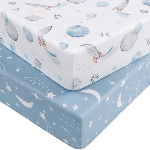 Nyessmee Baby Crib Sheets for Boys and Girls, Fitted Crib Sheets 52" x 28", Soft Breathable Microfiber Sheets for Standard Crib and Toddler Mattress, 2-Pack Blue Rocket