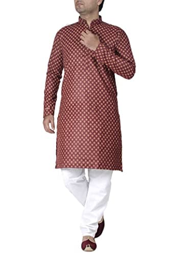 Chandrakala Kurta Payjama Set for Men Printed Cotton Long Sleeve Straight Tunic Maroon,X-Large (MK107MAR4)