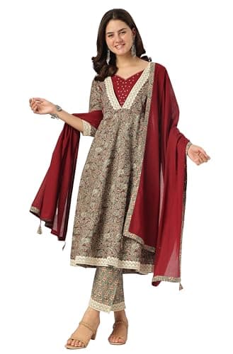 Janasya Indian Women's Cotton Sage Floral Print Festive Wear Kurta Set for Women