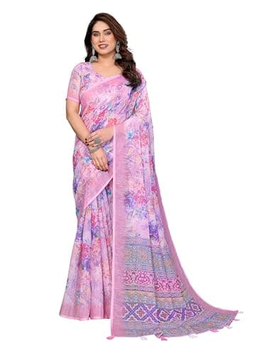 EVERYDAY CREATIONS Women's Linen Cotton Silk Saree With Unstitched Blouse Piece (Pink)