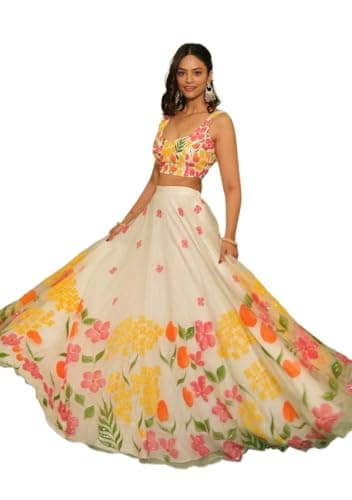 Indya Women's Off White Silk Blended Printed Sleeveless Sweetheart Neck Lehenga Set