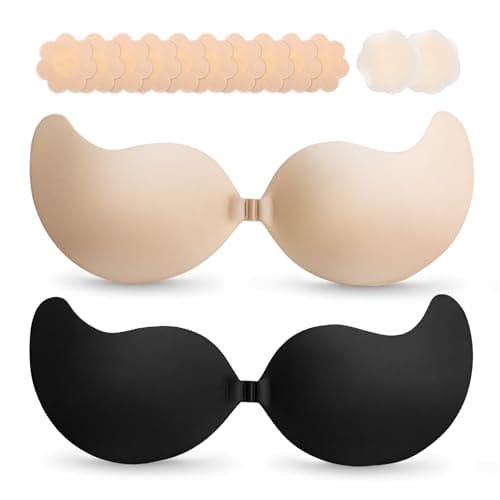 Cmojsk Strapless Sticky Push-Up Bra for Women,Adhesive Invisible Backless Bra, Nipple Covers, 2 Pair Black/Beige