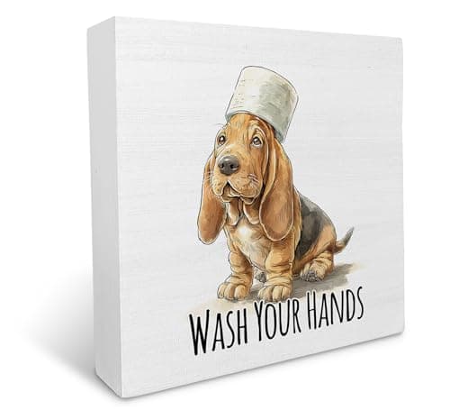 KU-DaYi Funny Dog Bloodhound Bathroom Wooden Box Sign, Wash Your Hands Sign Bathroom Decor, Bloodhound Desk Accessories for Dog Lovers Wooden Block Plaque Desk Shelf Decor 5x5 Inch