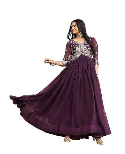 FOXDX Georgette Embroidered Anarkali Gown for Women | Wedding | Festival | (US, Alpha, XX-Large, Regular, Regular, Wine)