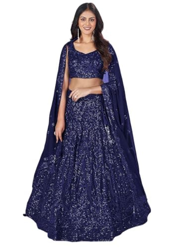 Indya Women's Navy Blue Georgette Sequin Embroidered Lehenga Set, Sleeveless, V-Neck