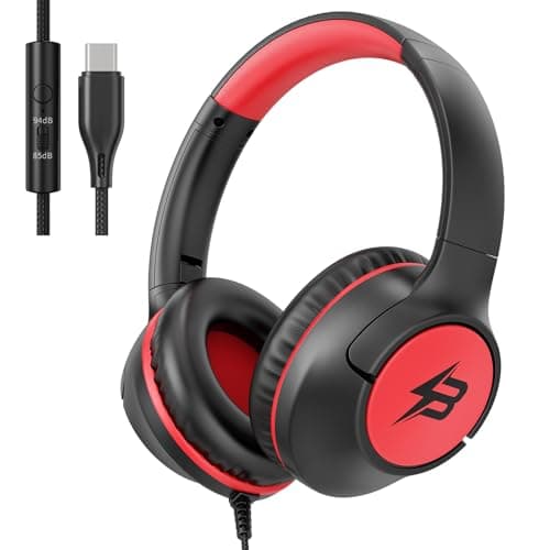 Kids Headphones Wired with USB C Plug, 85/94 dB Volume Limit Foldable USB Type C Headphones for Kids Boys Girls, Plug in Headphones Corded Over Ear Wired Headphones for School/Tablet/Travel, Black Red