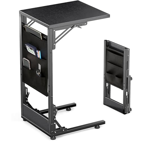 Feverdes Folding C Shaped End Table, Small Folding Side Table with Storage Bag, Portable TV Tray for Couch, Sofa, Bed, Black