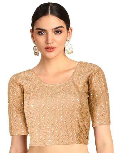 Chandrakala Stretchable Blouses for Women Sarees,Readymade,Beige Sequence, Small-Medium (B231BEI3)