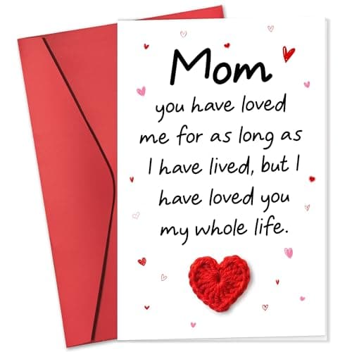 HUNIGIFT Mothers Day Card for Mom from Daughter, Son, Kids - Happy First 1st Mother's Day Birthday Cards for Mom, Mother, Mama - 5.3''x 8.0'' Funny Card with Handmade Knitted Heart Crochet & Envelope