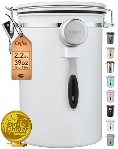 Veken Coffee Canister, 39OZ Large, Airtight Stainless Steel Food Storage Container for 2.2lbs Coffee Beans, Ground, Sugar, Tea, Flour, Cereal, Kitchen Bar Accessories with Date Tracker & Scoop, White