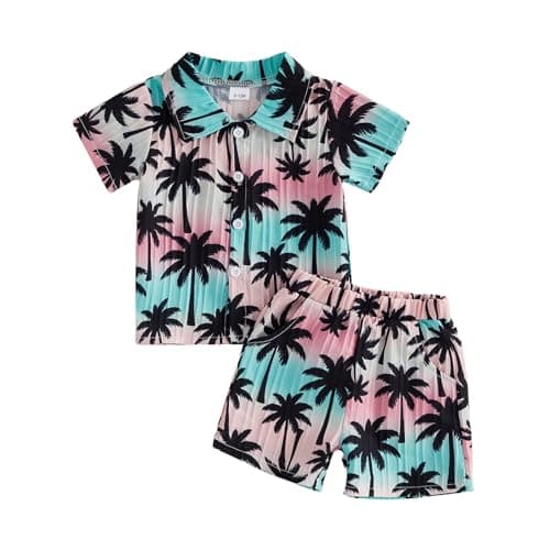 Kupretty Toddler Baby Boy Clothes Tropical Vacation Summer Outfits Button Up Short Sleeves Hawaiian Beach Shirts & Shorts (Blue-Palm tree, 6-12 Months)