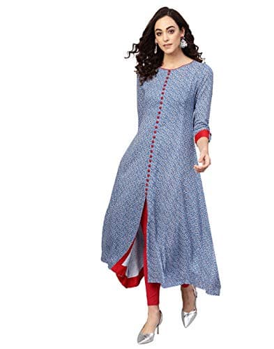 Yash Gallery Women's Rayon Geometric Print A-Line Kurtis (Light Blue)