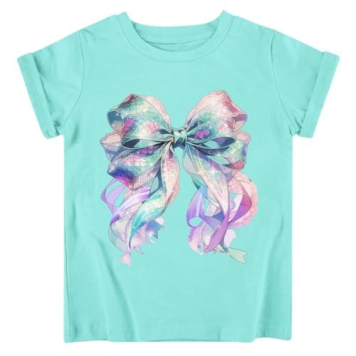 Funnycokid Little Girls Shirt 4T 5T Toddler Pink Tees Mermaid Scale Texture Bow Children Cute T-Shirt Graphic Short Sleeve Clothes Tops