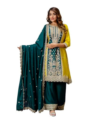 TRENDMALLS Women's Art Silk Sequins Embroidery Kurta Palazzo Set with Dupatta for Women (G283-Yellow-XXL)