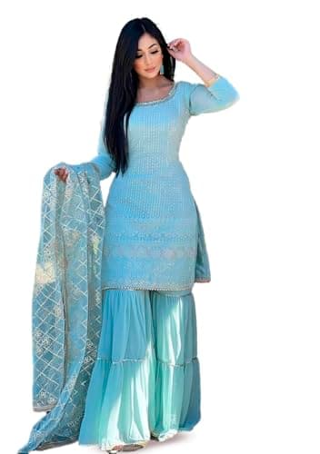Indya Sky Blue Embroidered Georgette Pakistani Suit Set for Festive | Long Sleeve | Scoop Neck | Indian Ethnic Wear