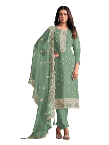 FABMIAMI Indian Woman's New Looks Traditional Wear Organza salwar kameez suit Ready to Wear Dress, Dupatta FM-92 (US, Numeric, 54, Regular, Regular, Rama green)