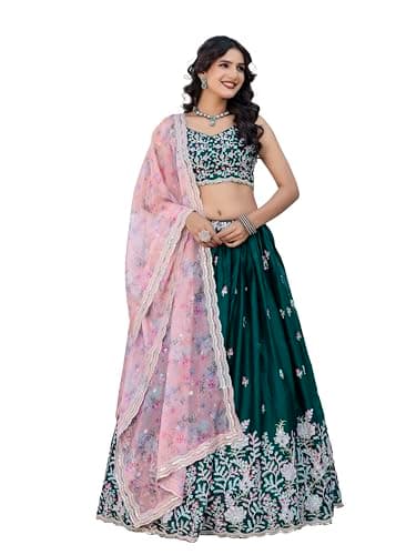 TRENDMALLS Chiffon Embroidery work Lehenga Choli with Floral Print Dupatta for Women Ready To Wear (L264-DarkGreen-S)