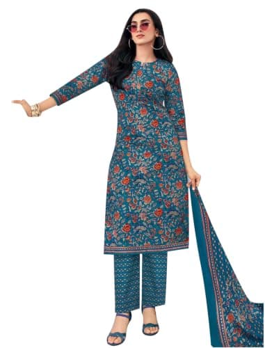 ladyline Womens 100% Cotton Jaipuri Printed Salwar Kameez Suit – Ethnic Kurta, Pants & Mal Dupatta Set | Indian Punjabi Dress (CPSK DTCG) (50/ Pine)