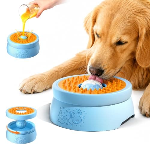 Slow Feeder Dog Bowl, 2-in-1 Interactive Dog Slow Feeder with 360° Rolling Ball for Yogurt, Wet Food & Liquid Treats, Spill-Resistant Anti-Slip Feeding Bowl for Dogs & Cats, Easy-Clean(Blue)