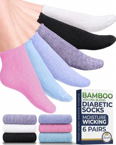 Pembrook Frill Knit Diabetic Socks for Men & Women with Bamboo Viscose - 6 Pairs | Black, White, Lilac, Punk, Blue, Purple | Extra Stretch Top | Diabetic Ankle Socks for WomenPrpl/Pnk-6P