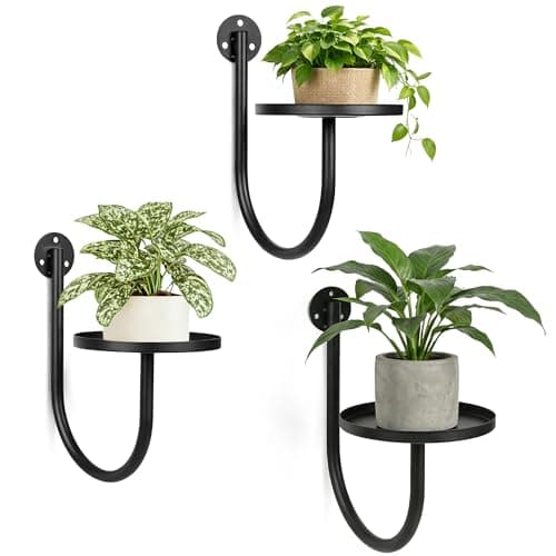 SUNCKET Wall Plant Holders for Indoor Plants, 3 Pack Metal Wall Mounted Plant Shelves，Modern Window Plant Hanger, Space Saving Hanging Planters for Living Room Bedroom Kitchen Bathroom Office Decor, Black