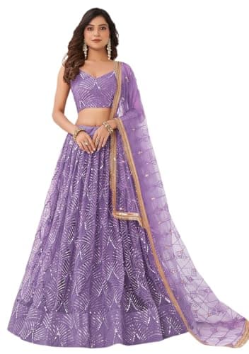 Indya Women's Purple Net Embroidered Sleeveless V-Neck Lehenga Set
