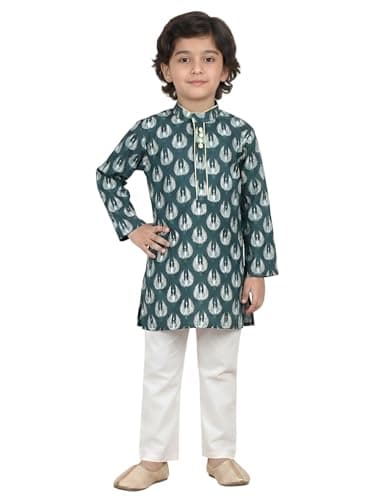 POLKA TOTS Boys Cotton Kurta Pajama Set | Printed Full Sleeve Kids Ethnic Outfit for Festivals, Weddings & Parties (Bird Print, 12-18 M)