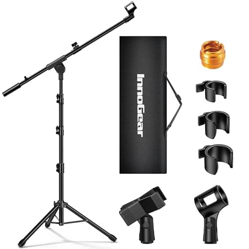 InnoGear Microphone Stand, Tripod Boom Arm Floor Mic Stand Height Adjustable Heavy Duty with Carrying Bag 2 Mic Clips 3/8" to 5/8" Adapter for Singing Podcast for Blue Yeti Shure SM58 SM48 Samson Q2U