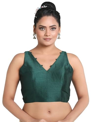Madhu Fashion Women's Sleeveless Solid Pattern V Neck Readymade Saree Blouse (Bottle Green, 36)