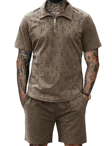 URRU Mens Textured Polo Shirt and Shorts Set 2 Piece Summer Outfits Casual Short Sleeve Quarter Zip Tracksuit