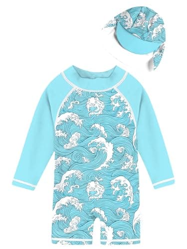 uideazone Infant Boys One Piece Swimsuits with Sun Hat Blue Waves Graphic Long Sleeve Bathing Suits 50+ Sun Protection Zip Up Swimwear 12-18 Months