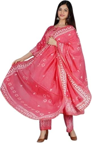 Hillcraft Rayon Anarkali Indian Kurti For Women Summer Dress Kurta Pant With Dupatta Set (US, Alpha, X-Large, Regular, Regular, Baby Pink)