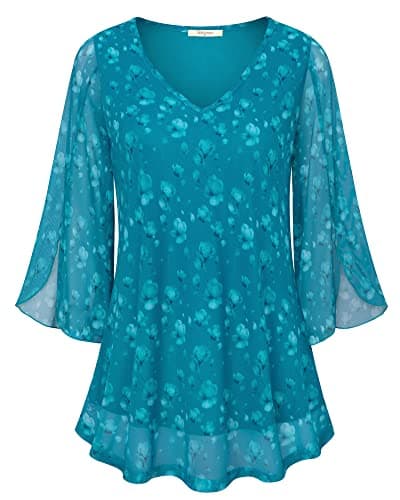 Bebonnie Womens Tunic Tops for Leggings,Saree Blouse for Women Readymade Ruffle 3/4 Sleeve V Neck Double Layers Mesh Blouses Loose Fit Flowy Tunic Tops to Hide Belly for Women Cloud Blue M