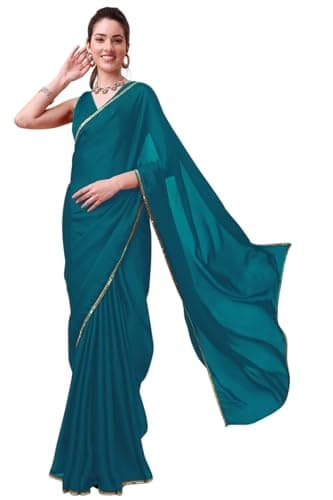 Chandrakala Fancy Border Saree for Women Without Blouse Piece Indian Wear Teal Blue (1444TEA)